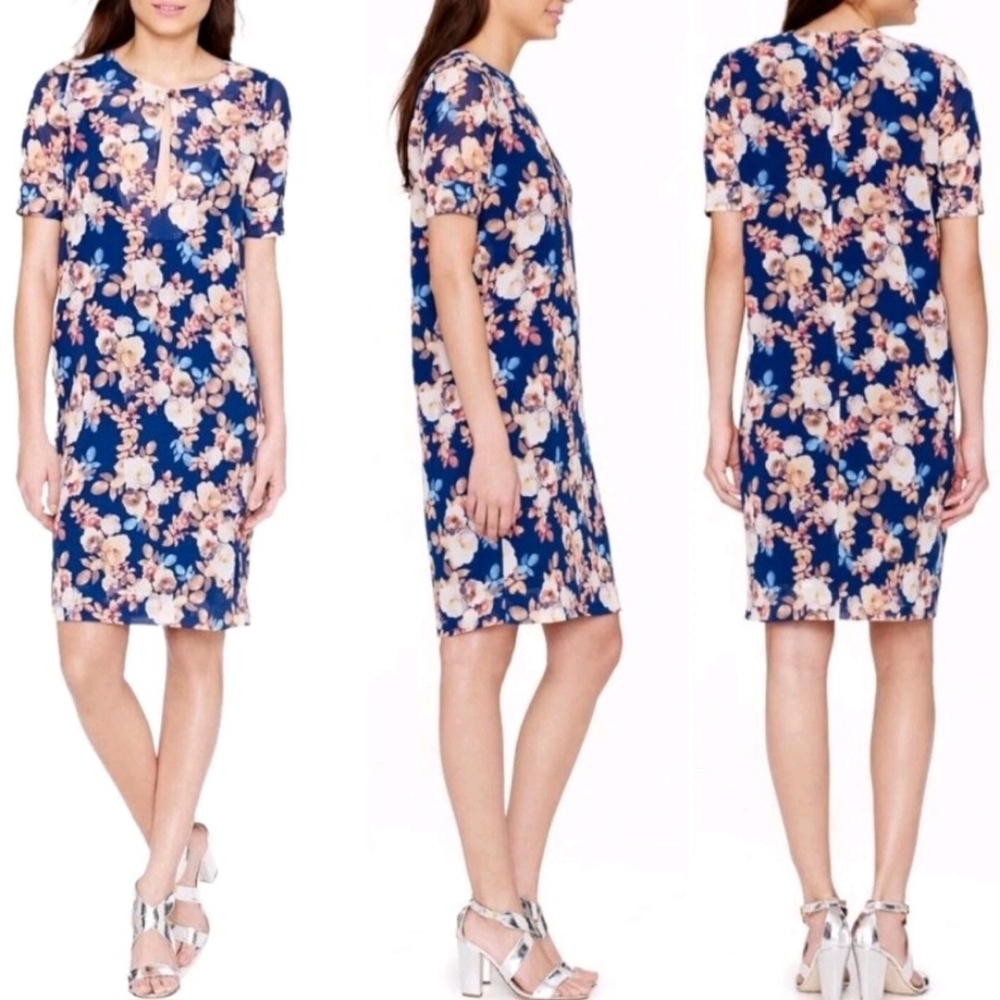 J. Crew 100% Silk Antique Floral Short Sleeve Shift Dress Blue Lined Size 10 - Picture 3 of 15